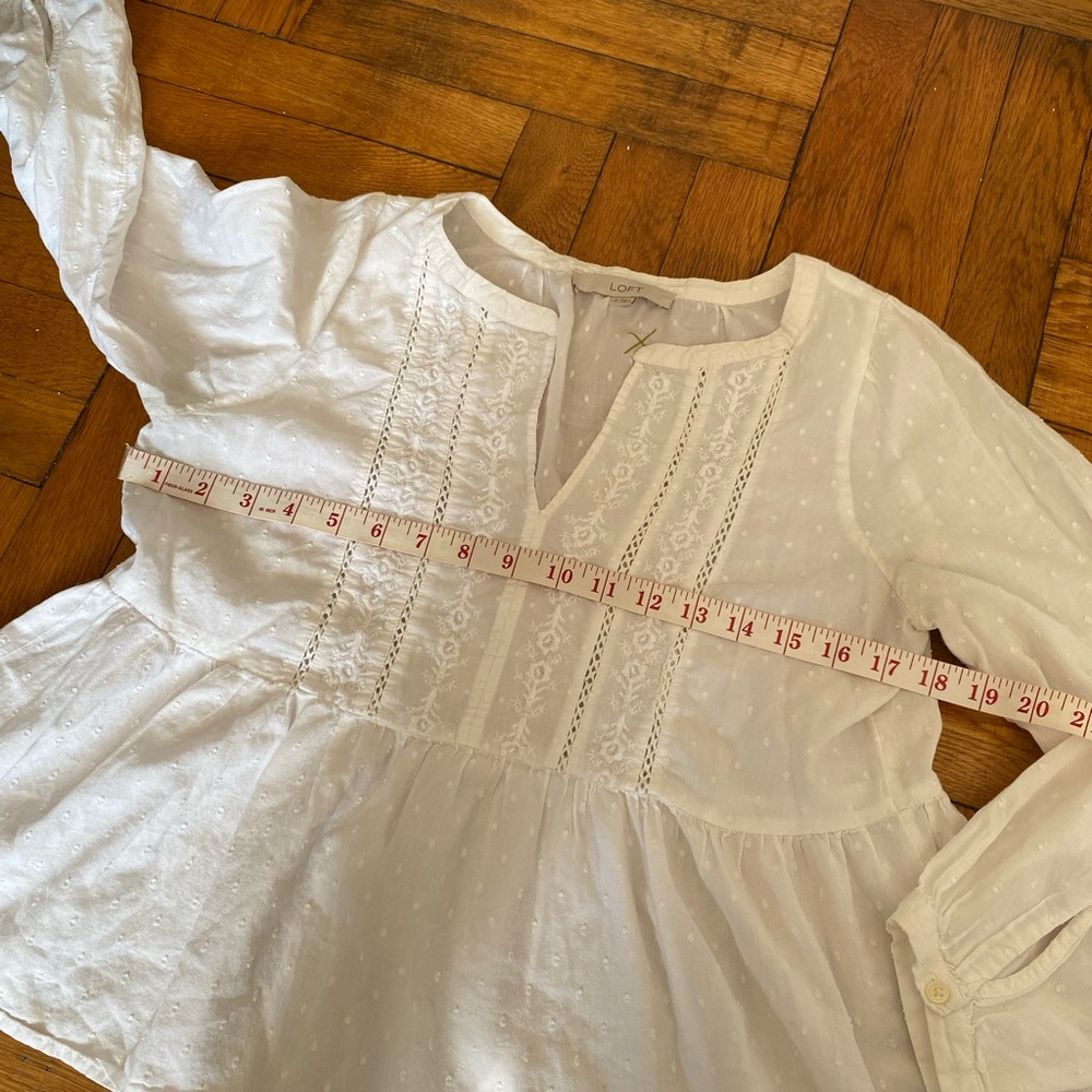 LOFT White Eyelet Peplum Blouse Size S Boho Embroidered Long Sleeve - Picture 8 of 10